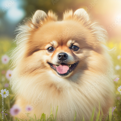 Ravishing hyper realistic digital portrait of happy pomeranian dog in natural outdoor lush with flower during springtime background as concept of modern domestic pet by Generative AI. photo