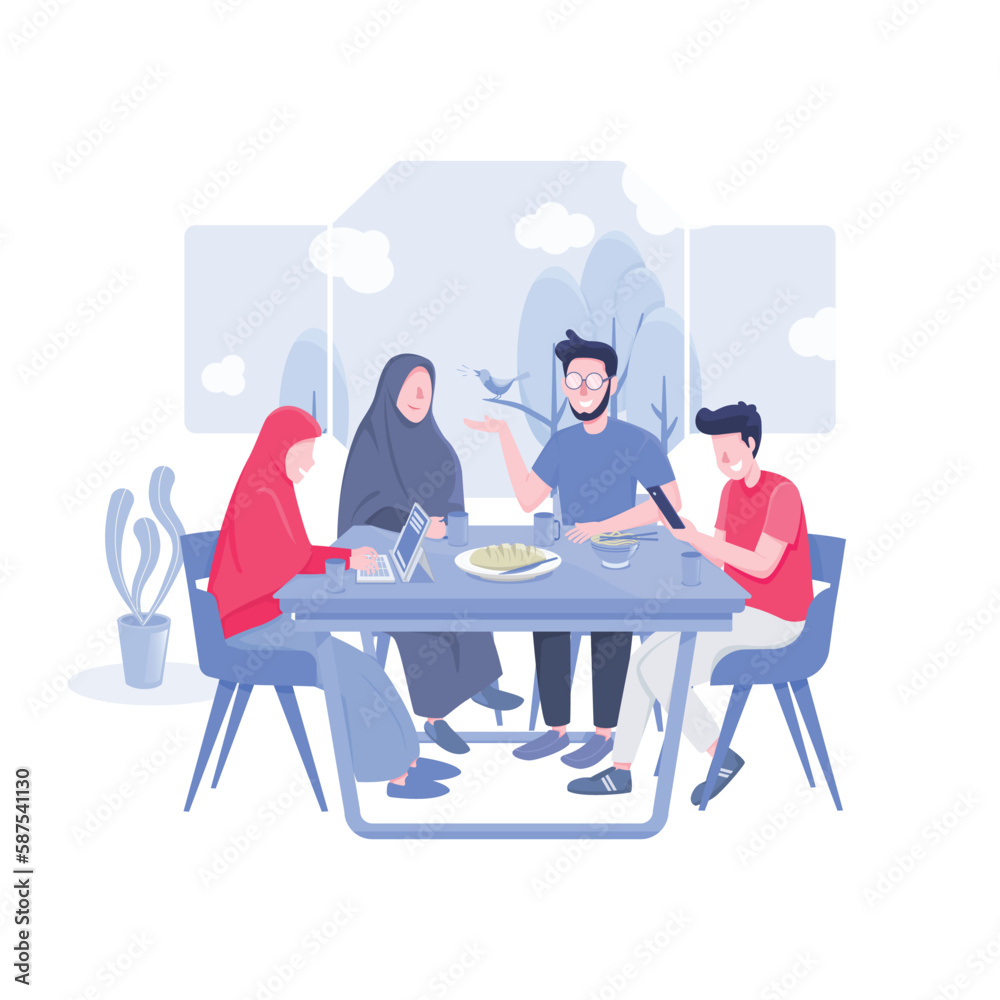 Illustration of a Muslim family having breakfast