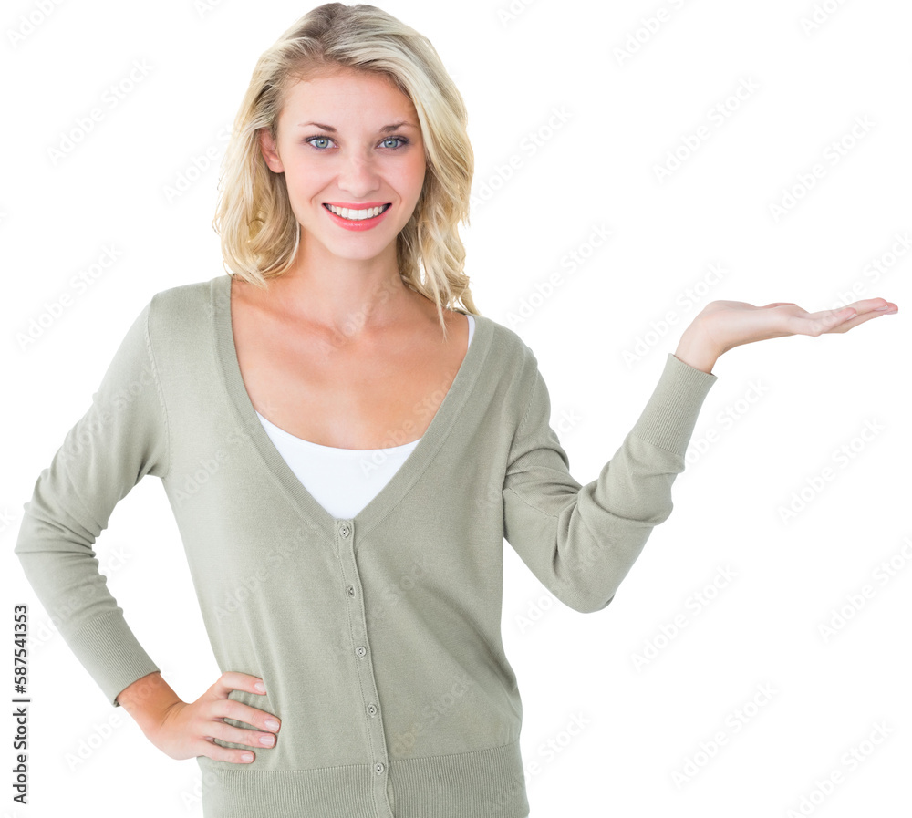 Obraz premium Pretty young blonde holding hand out