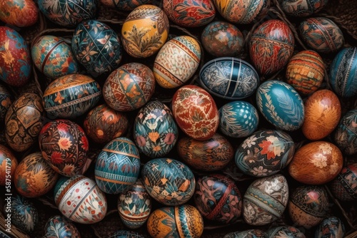basket filled with colorful painted eggs for Easter celebration. Generative AI