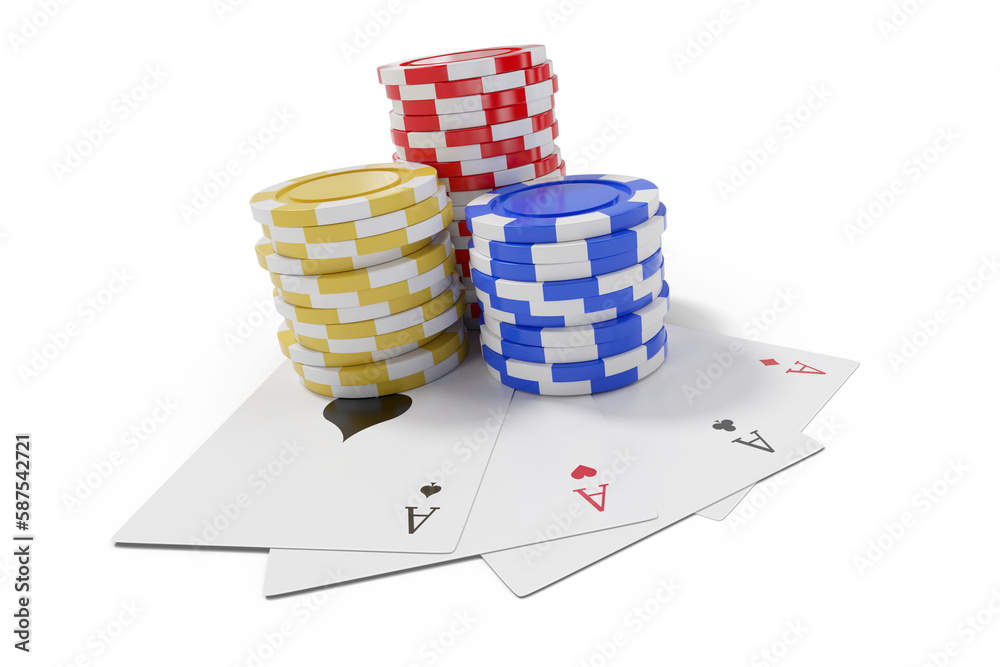 Naklejka premium Tilt image of casino tokens with playing cards