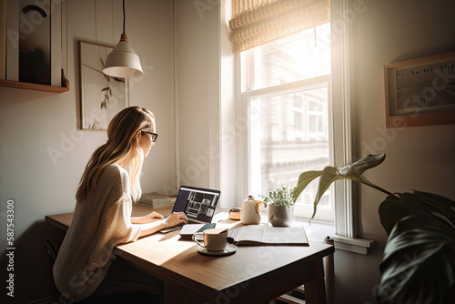 a woman sitting at a desk with her laptop and phone in front of her, she is looking out the window. Generative AI