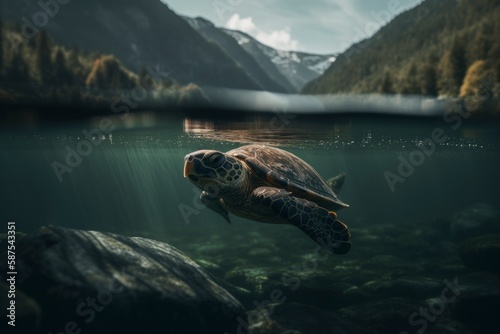 A turtle swimming under water with mountains in the background. Generative AI