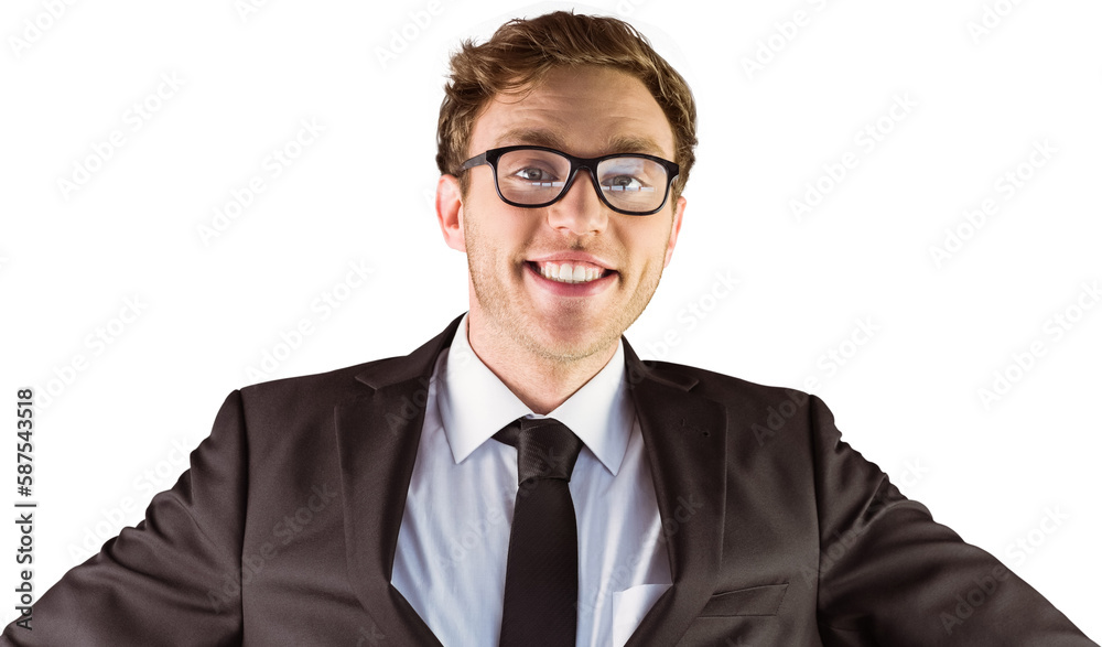 Young geeky businessman smiling at camera 