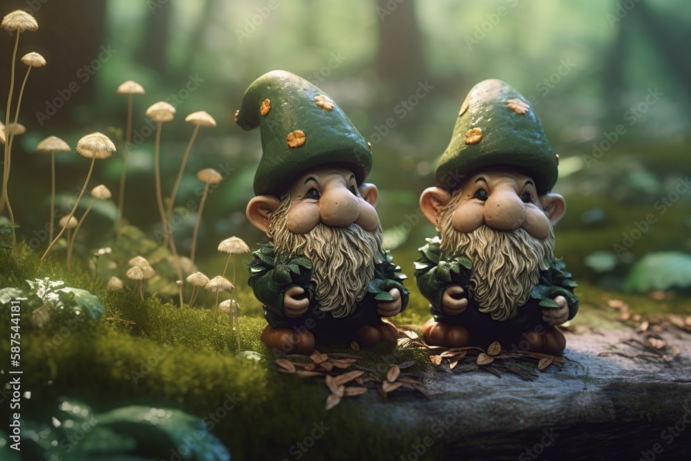 Gnomes in forest with clover shamrocks and golden bokeh, St. Patrick's Day. Generative AI