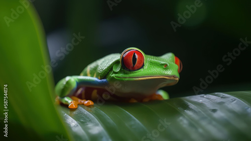 a frog with red eyes sitting on a leaf in the jungle, looking at the camera with a smile on its face and eyes, with a green background of leaves and a red - like. generative AI