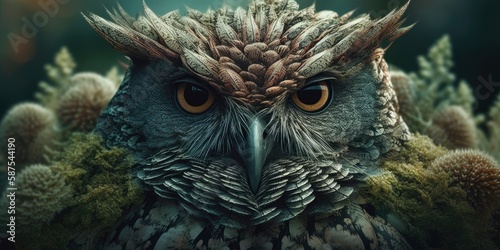 An owl with moss on its head is surrounded by trees in a forest. Generative AI © Catrat