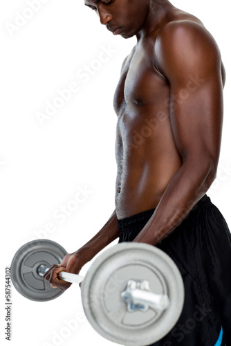 Determined fit shirtless young man lifting barbell