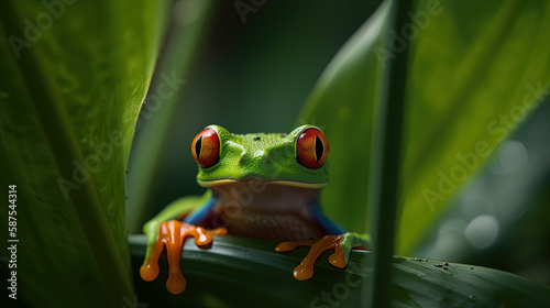 a frog with red eyes sitting on a leaf in the jungle, looking at the camera with a smile on its face and eyes, with a green background of leaves and a red - like. generative AI