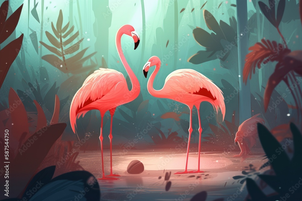 Fototapeta premium A painting of a flamingo in a swamp with a pink bird on the background of a forest. Generative AI