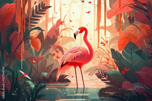 A painting of a flamingo in a swamp with a pink bird on the background of a forest. Generative AI