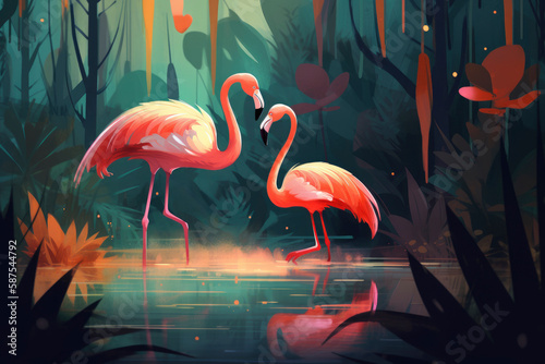 A painting of a flamingo in a swamp with a pink bird on the background of a forest. Generative AI