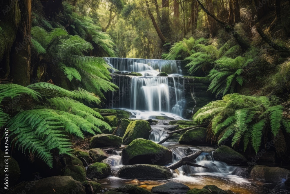 Tasmania, Australia's Mount Field National Park's Horseshoe Falls. Generative AI Tasmania, Australia's Mount Field National Park's Horseshoe Falls. Generative AI