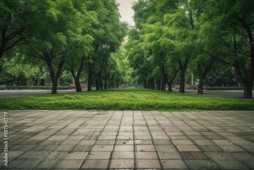 Green trees and an empty square floor in a park. Generative AI
