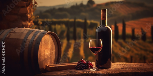Vineyard vibes: Wooden barrel, red wine bottle, and glass on rustic table
