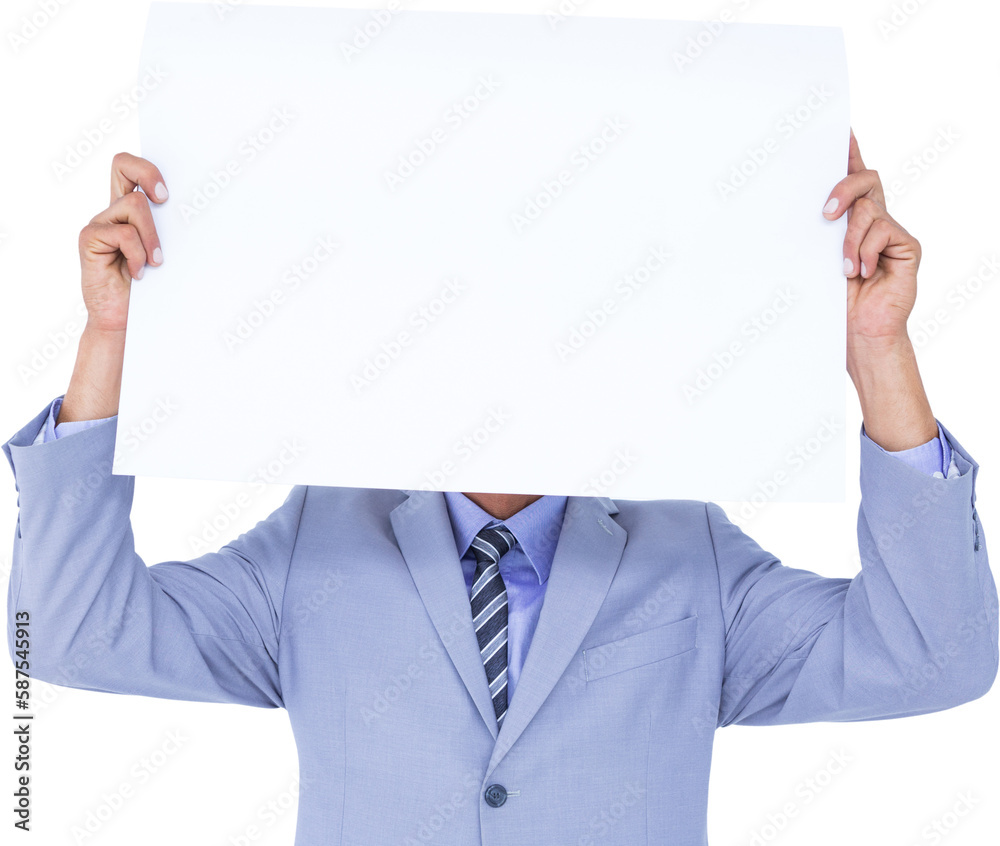 Portrait of a businessman hiding his face behind a blank panel Portrait of a businessman hiding his face behind a blank panel