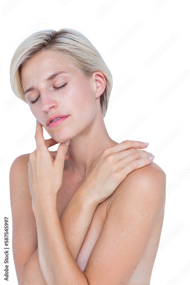 Peaceful woman touching her neck Peaceful woman touching her neck