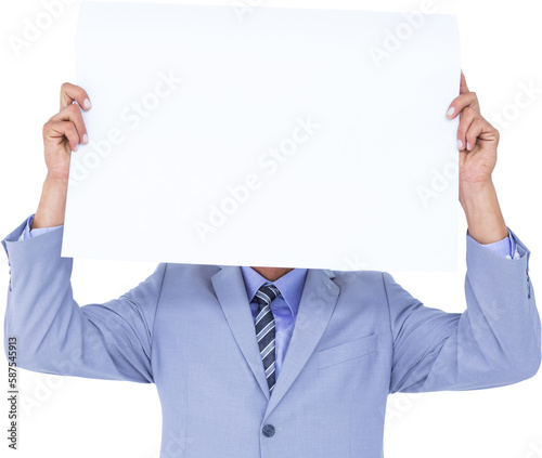  Portrait of a businessman hiding his face behind a blank panel