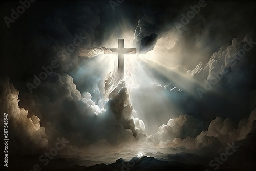 cross illuminated in the sky, resurrection of Jesus, religion, Generative AI, God in Heaven, Creator, Almighty, Savior, Redeemer, Holy Spirit photo