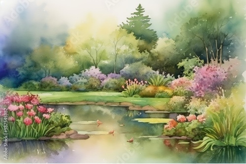A tranquil garden with blooming flowers, lush greenery, and a peaceful pond background watercolor Generative AI