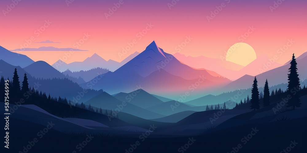 A landscape with mountains and a sunset with the sun shining on the horizon. Generative AI