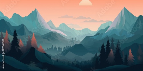 A landscape with mountains and a sunset with the sun shining on the horizon. Generative AI