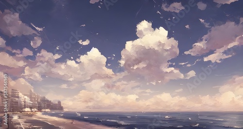 夏と海辺に建つ白い建物と涼しげな雲_70
