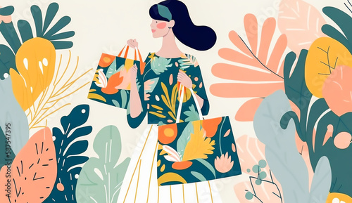 beautiful woman holding shopping bag with modern colorful tropical floral pattern. Hand drawn illustration  Generative ai