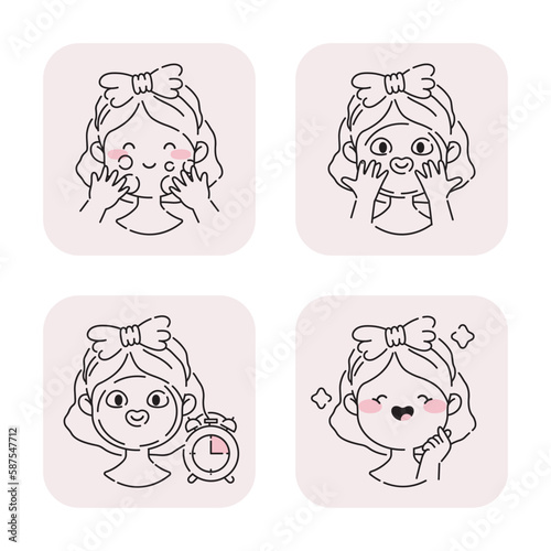 Skin Care and Applying Cosmetic Sheet Mask Icons Set. Use Facial Beauty Mask. Cute Cartoon Young Woman Making Skincare procedures. Spa and Hygiene concept icons. Isolated outline design beauty icons.