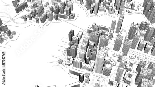 Wireframe Cityscape,Low-polygon cities and buildings,In the city's business district, a tall structure There are rivers and roads.,3d rendering #587547767