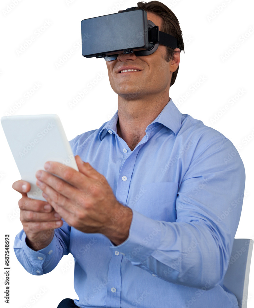 Smiling businessman with tablet sitting on chair while using vr glasses Smiling businessman with tablet sitting on chair while using vr glasses