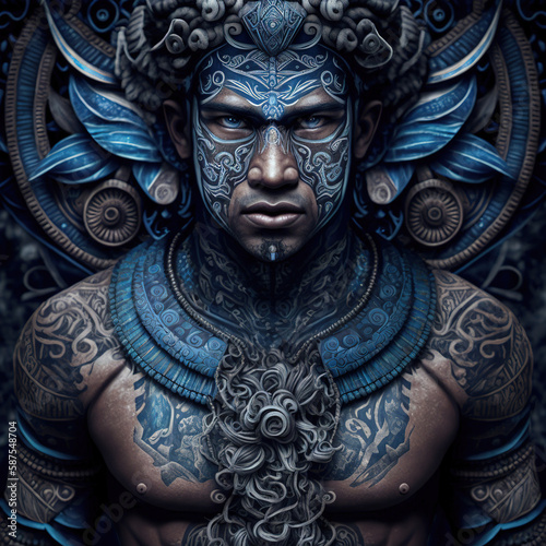 indonesian, ancient, god, artistic, muscular, aesthetic, blue, red, gold, brown, ornaments, aura, javanese, dayak, hindu, politheism, ai generative