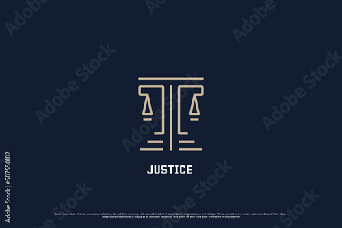 Justice pillar logo design illustration. Line silhouette of pillars of justice lawyer advocate law judge court. Legal justice creative idea design abstract scales balance weight.