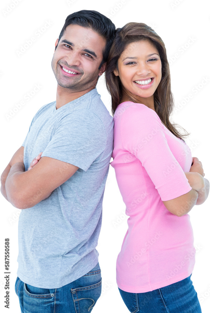 Happy couple standing back to back Happy couple standing back to back