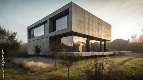 2-Story concrete house on a mountain hill surrounded by greenery Generative AI