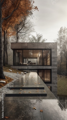 2-Story concrete house on a mountain hill surrounded by greenery Generative AI