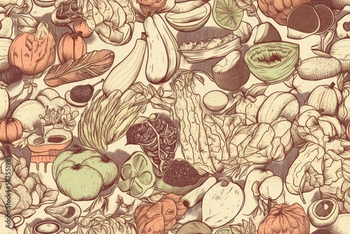 various fresh fruits and vegetables on a warm brown background. Generative AI