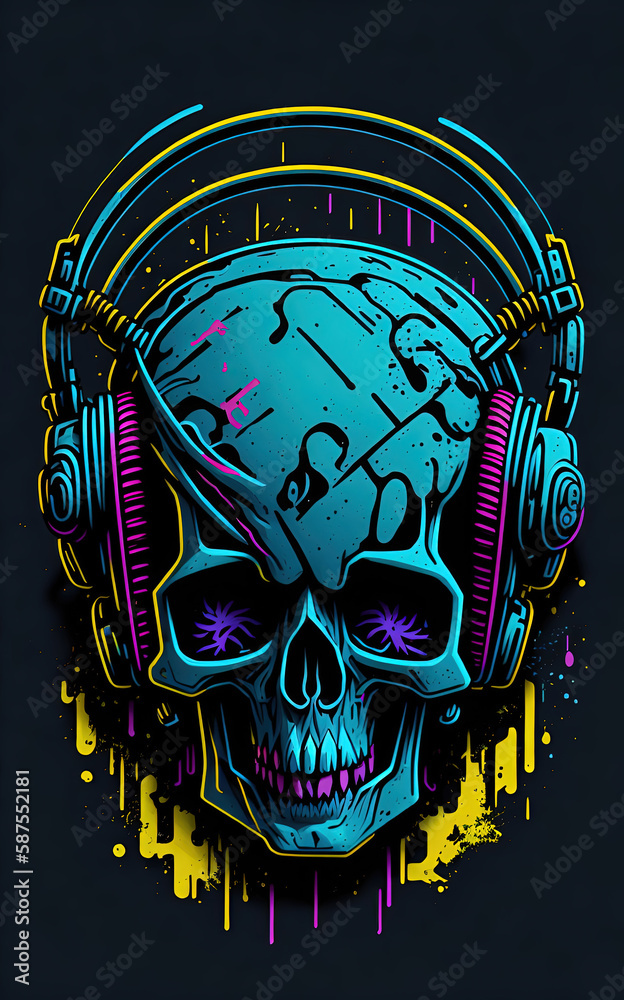 Colorful graffiti illustration of a cute skull, wearing headphones, vibrant color, great detail, Generative AI