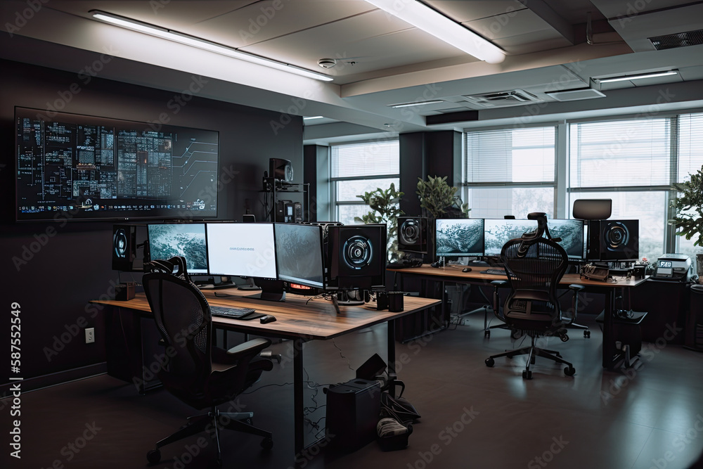 an office with multiple desks, computers and monitors on the wall in front of large windows at night time. Generative AI an office with multiple desks, computers and monitors on the wall in front of large windows at night time. Generative AI