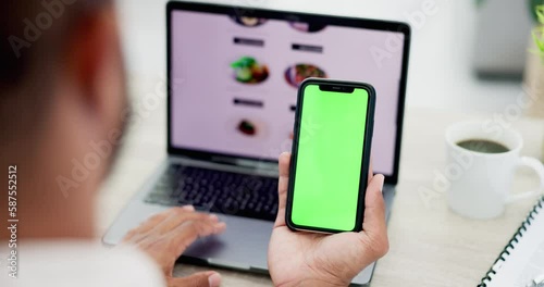 Phone green screen, laptop menu and man scroll on sushi restaurant website, food ecommerce homepage and search for takeaway. Mobile, mockup product placement and customer online shopping delivery photo