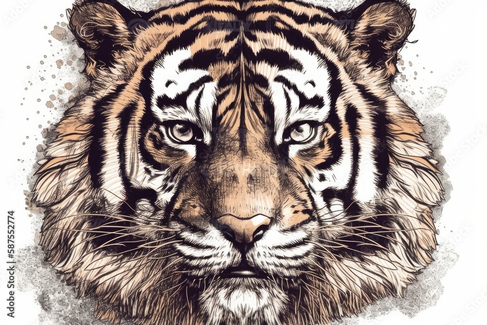 Obraz premium Tiger's head. Illustration of a majestic jungle animal with an aggressive cartoon front face, hunting trophy emblems, and an isolated white background. Generative AI