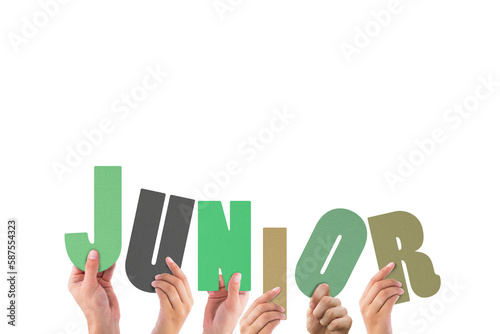 Cropped hands holding colorful word junior