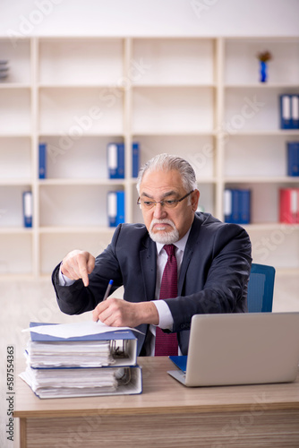 Old male employee sitting at workplace