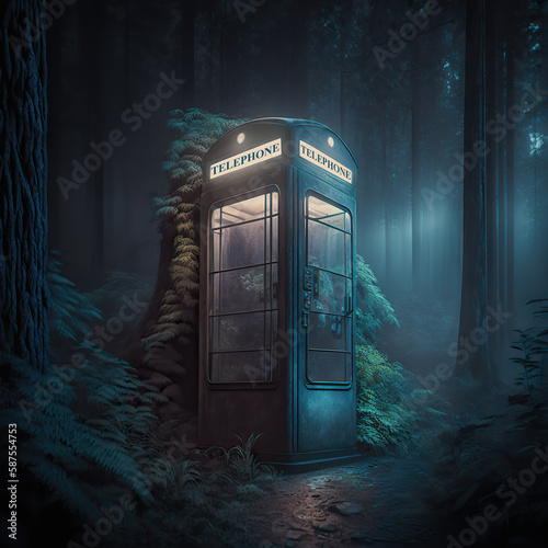 Illustration of A Mysterious Phone Booth in A Forest photo
