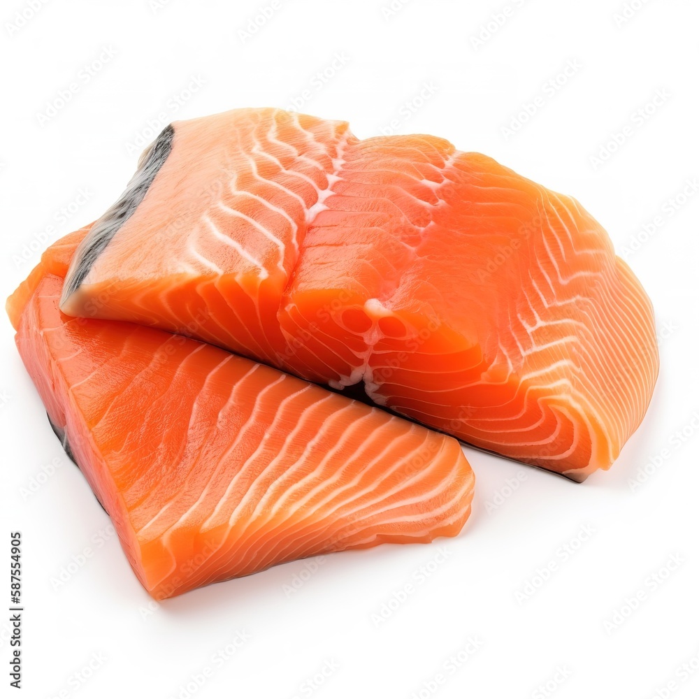 Slices of salmon fish delicious food isolated white background illustration with Generative AI Slices of salmon fish delicious food isolated white background illustration with Generative AI