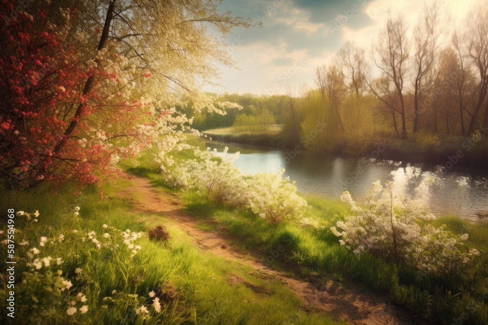 serene river landscape with lush vegetation. Generative AI serene river landscape with lush vegetation. Generative AI