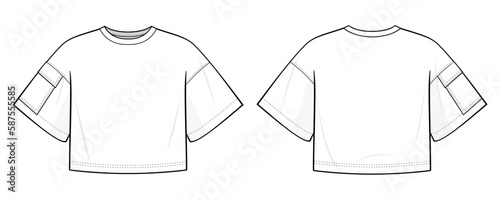 Oversized Cropped Short Sleeve T-Shirt fashion flat technical drawing template. With a patch pocket on the sleeve. T-shirt template front view, back view, white color. Unisex. men, women. CAD mock-up. photo