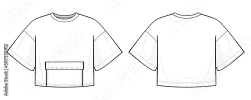 Oversized Cropped Short Sleeve T-Shirt fashion flat technical drawing template. With front patch pocket. T-shirt template front view, back view, white color. Unisex. men, women. CAD mock-up.