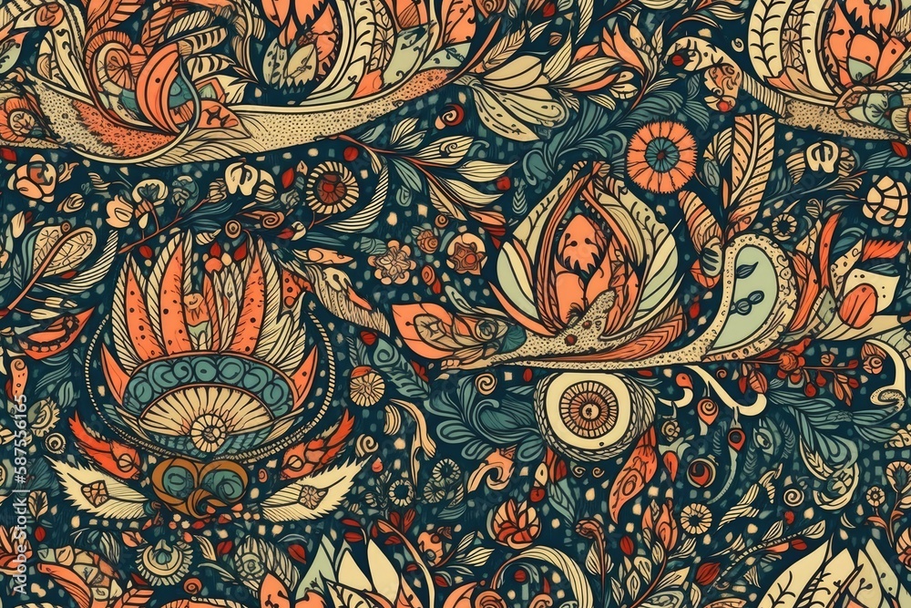 vibrant floral pattern with blue and orange hues and intricate leaf details. Generative AI vibrant floral pattern with blue and orange hues and intricate leaf details. Generative AI