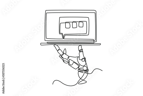 Single one-line drawing robotic hand holding a laptop. Chatbot concept continuous line draw design graphic vector illustration